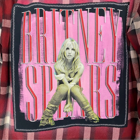 Britney Spears Flannel Shirt Unisex Large Red Plaid Button Down Handmade Upcycle - Picture 8 of 13